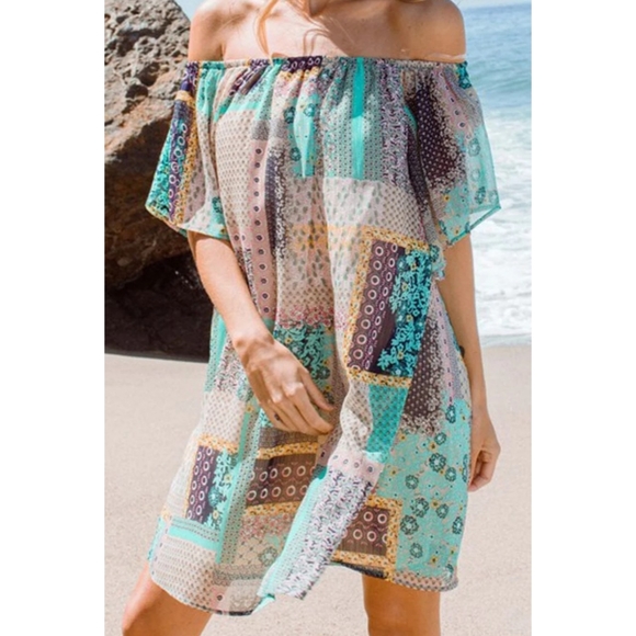 41 Teal flowy boho patchwork off the shoulder flounce sleeve tunic dress - Picture 2 of 5